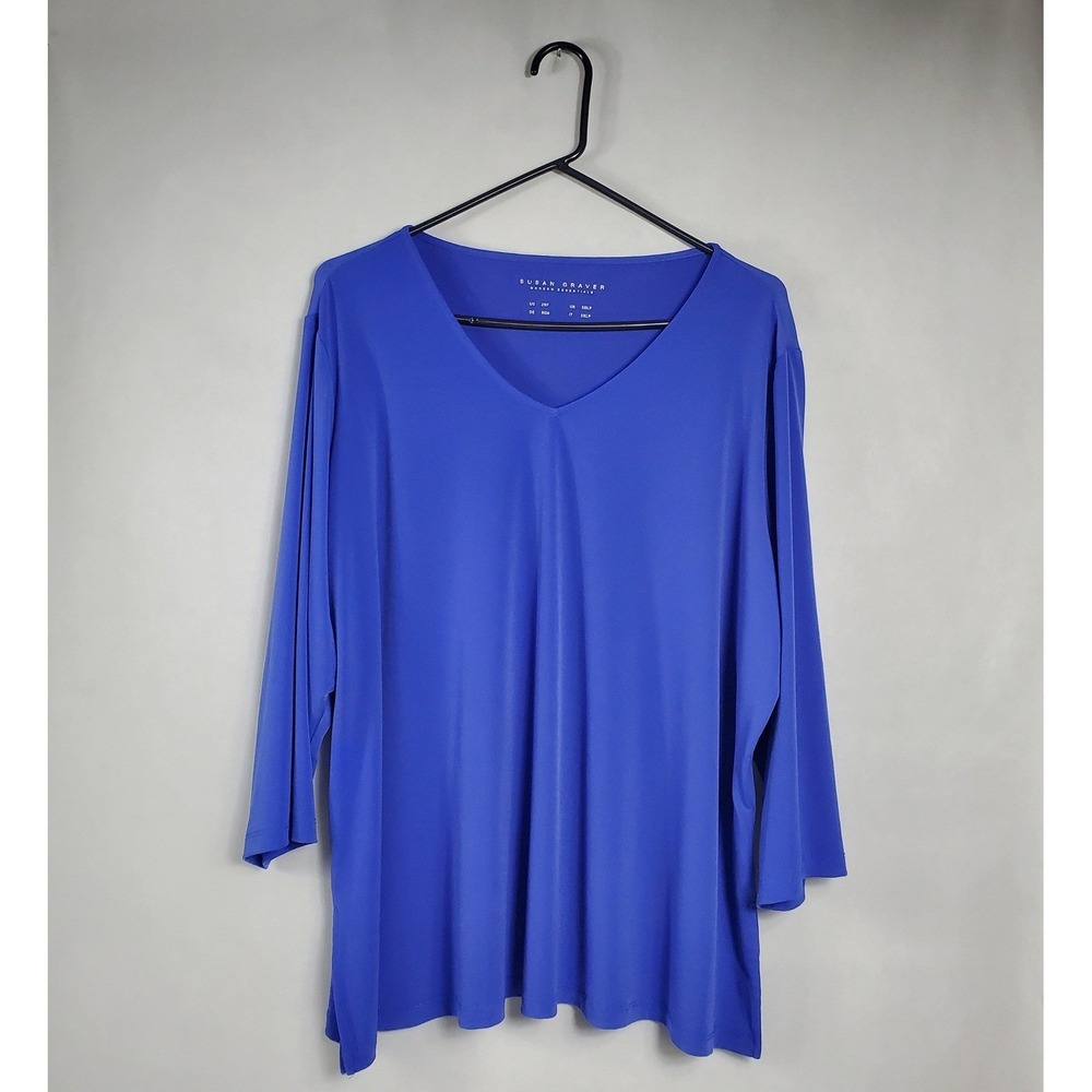 Susan Graver Modern Essentials Blue V‎ Neck 3/4 Sleeve Tunic Top Plus Size 2XP